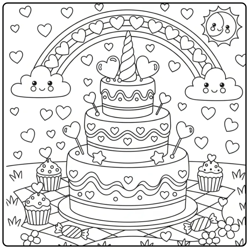 Joli Coloriage gateau licorne avec des cœurs pour les enfants.