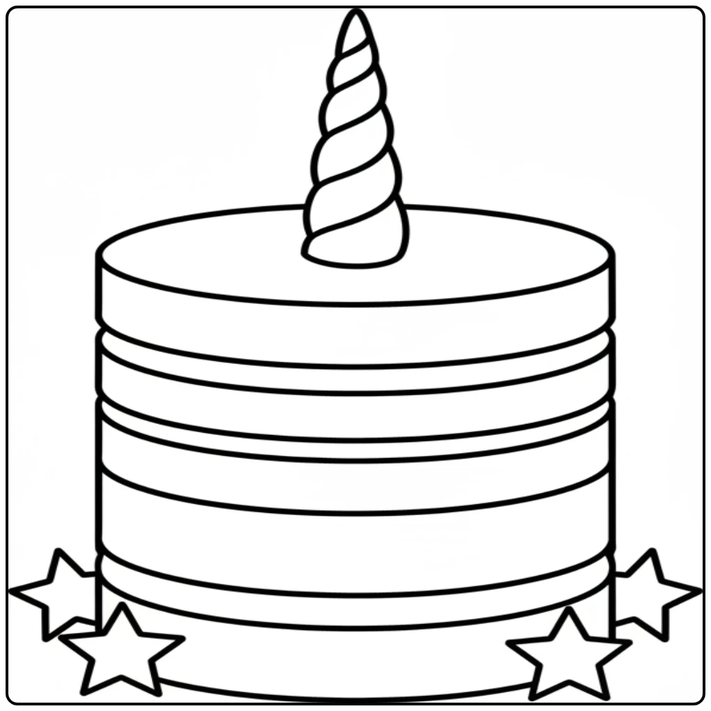 Imprime ce coloriage gateau licorne avec des étoiles magiques.