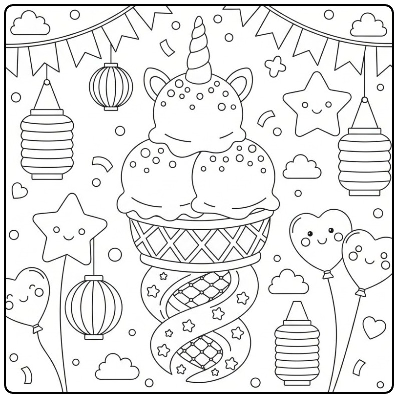 Joli Coloriage glace licorne avec cornets spéciaux et fête.