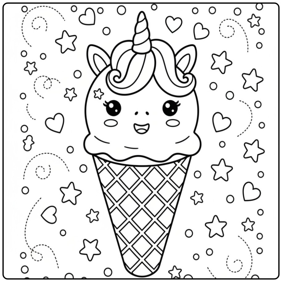 Un Coloriage glace licorne avec cornets spéciaux et fond étoilé.