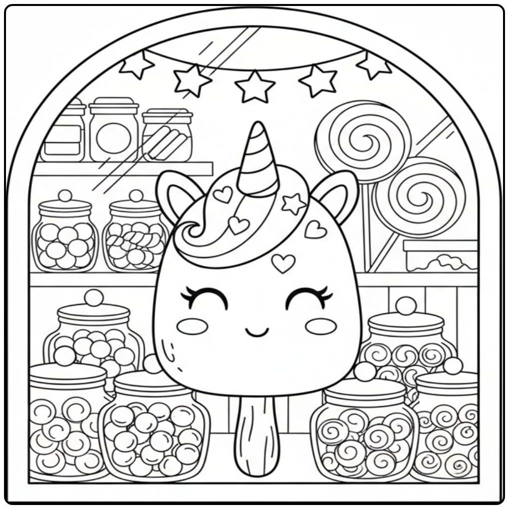 Un adorable Coloriage glace licorne bâtonnet dans sa confiserie.
