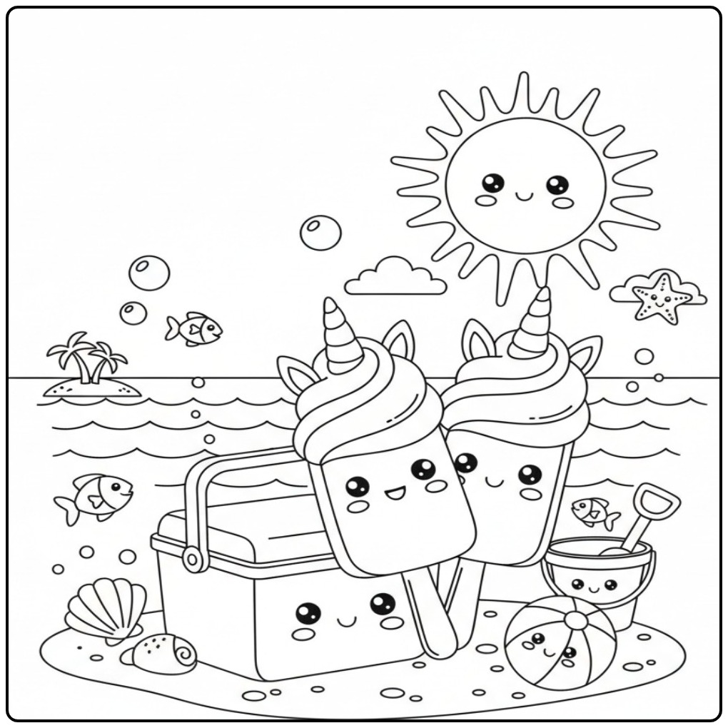 Un joyeux Coloriage glace licorne bâtonnet sur une plage kawaii.