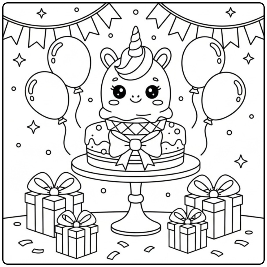 Un gâteau d'anniversaire avec un Coloriage glace licorne en cornet.