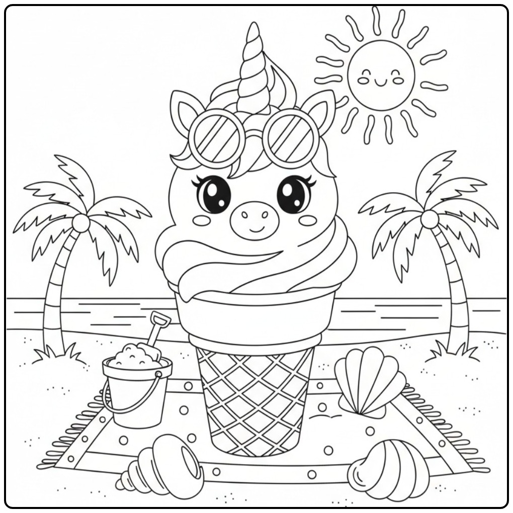 Un mignon Coloriage glace licorne en cornet se relaxant à la plage.