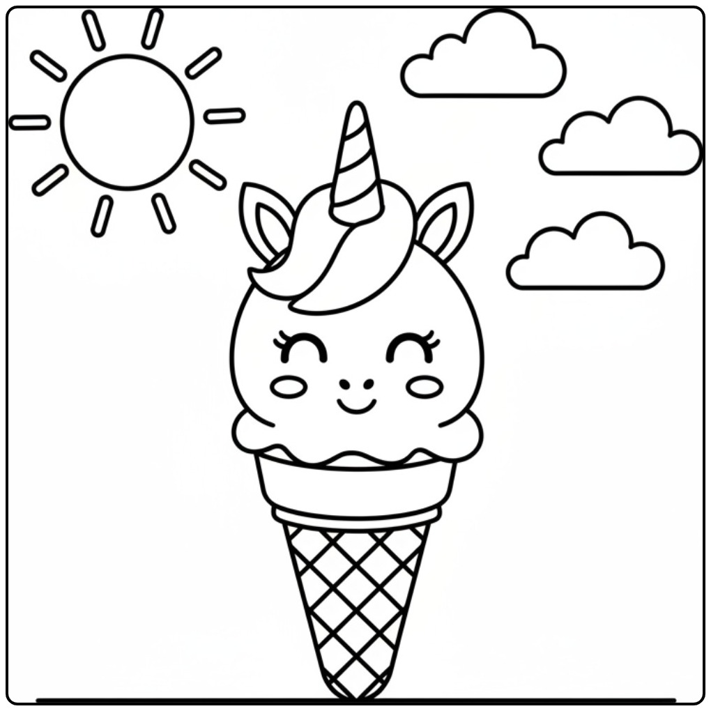 Page de coloriage glace licorne kawaii dans un cornet gaufré.