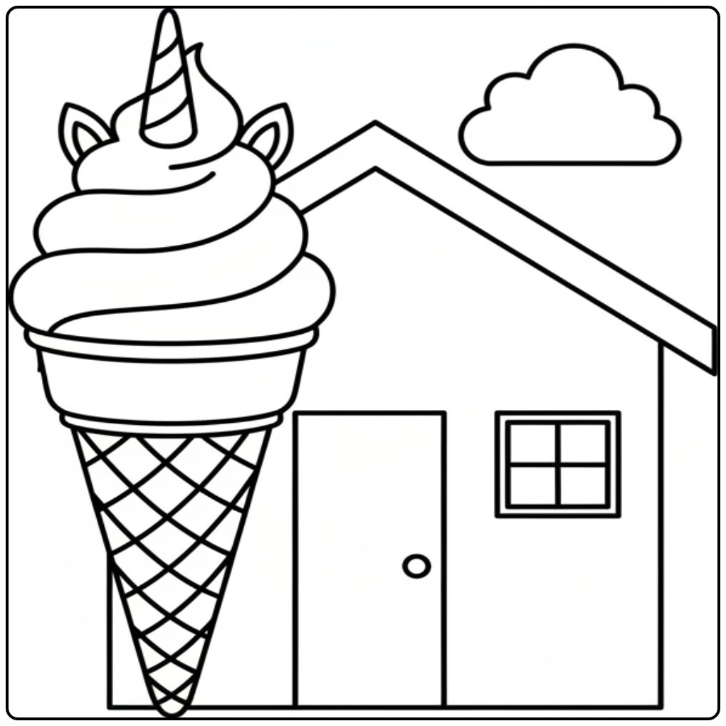 Un immense cornet de glace, un coloriage glace licorne magique.