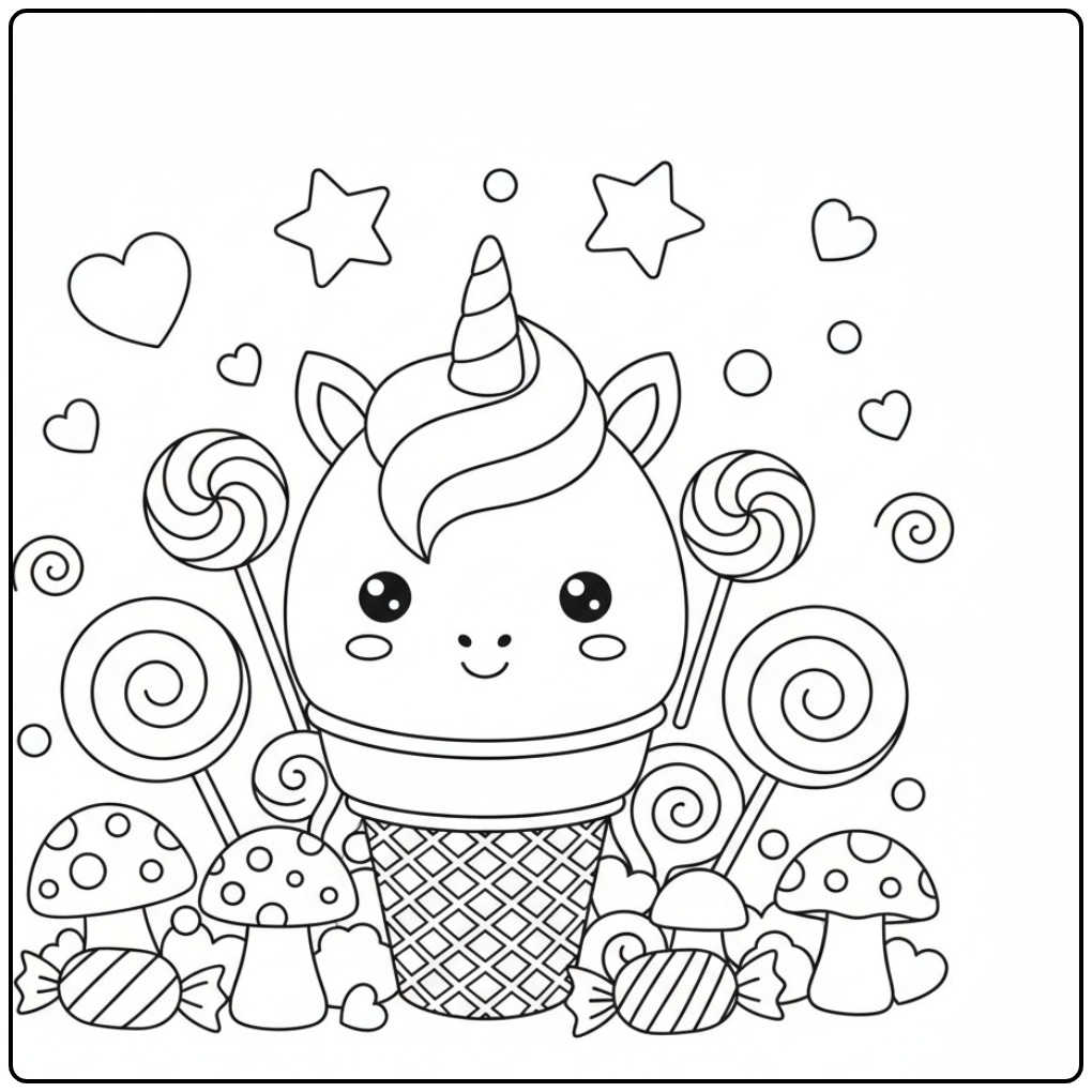 Joli Coloriage glace licorne gourmandise & bonbons pour enfants.