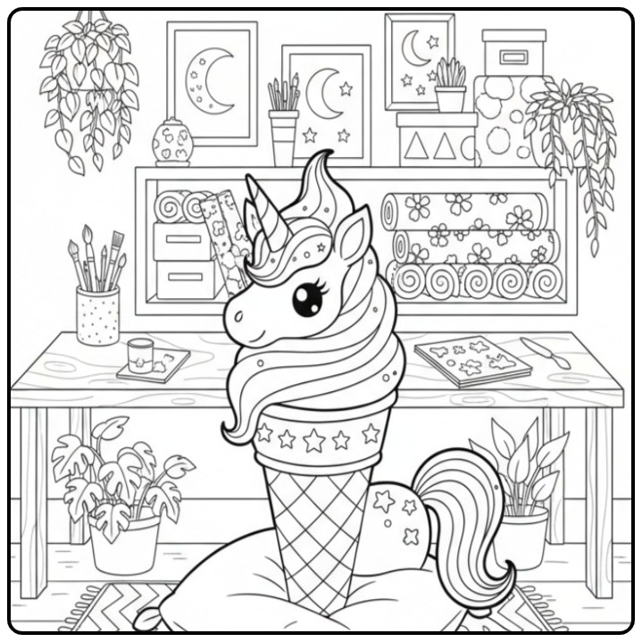 Un adorable coloriage glace licorne dans un atelier créatif.