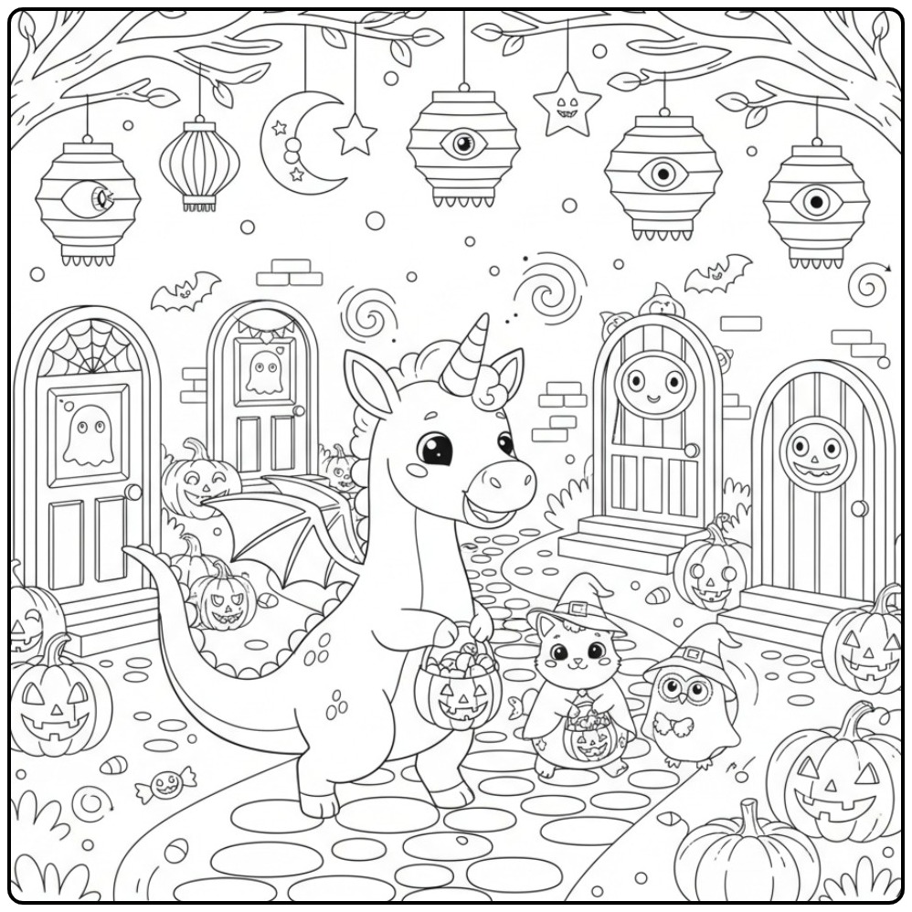 Amis déguisés pour ce Coloriage Halloween dragon licorne.