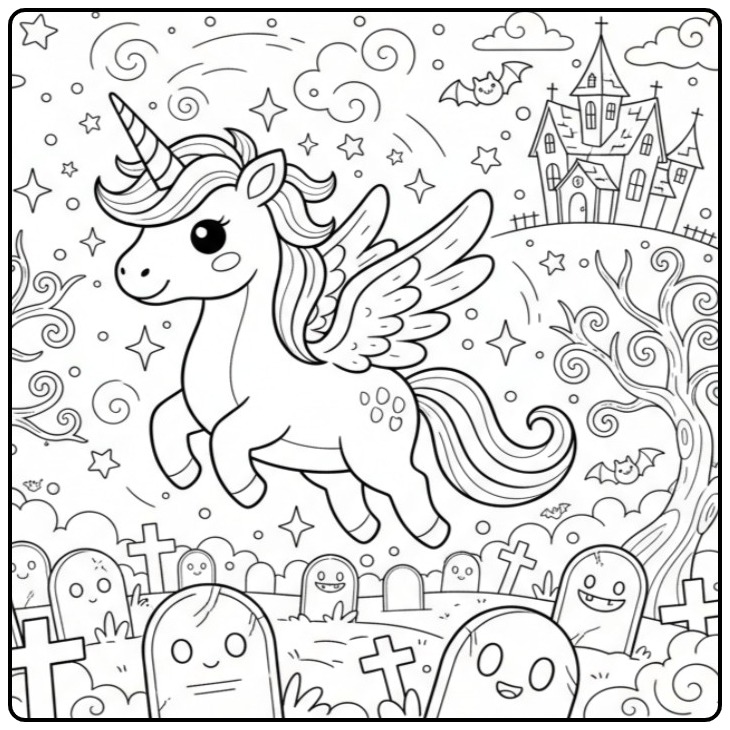 Mignon Coloriage Halloween dragon licorne dans un décor de fête.