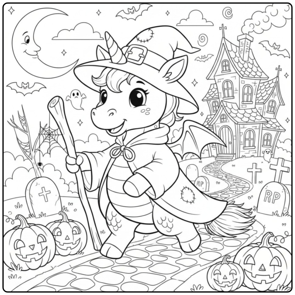 Adorable Coloriage Halloween dragon licorne déguisé en sorcière.