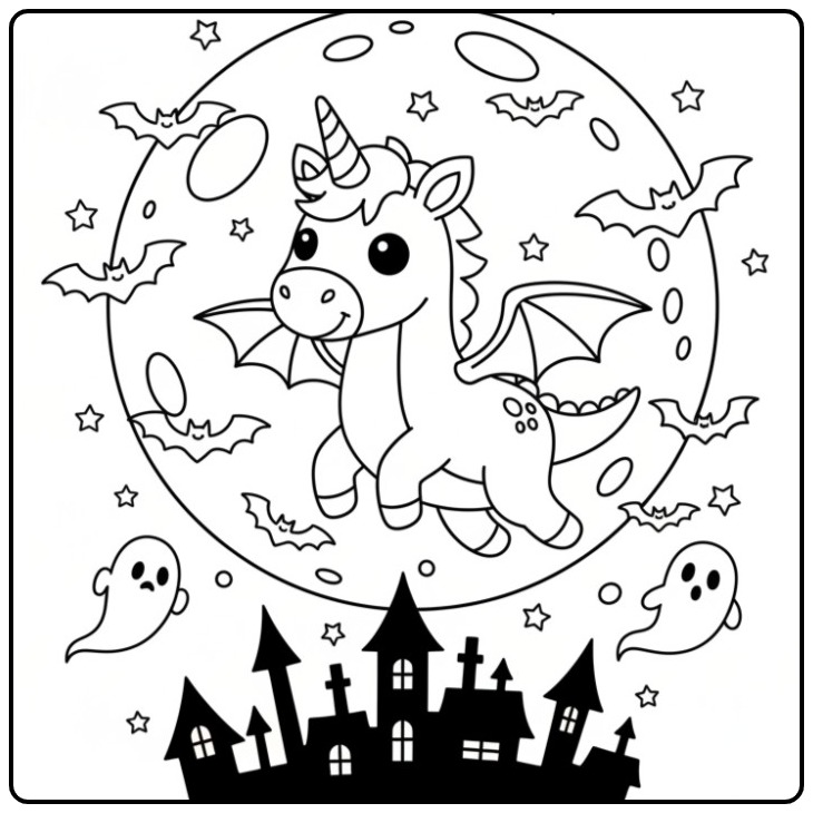 Un mignon Coloriage Halloween dragon licorne volant la nuit.