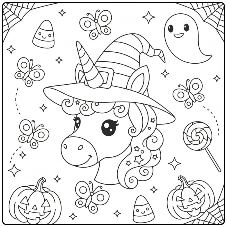 Joli Coloriage Halloween licorne papillon et son chapeau de sorcière.
