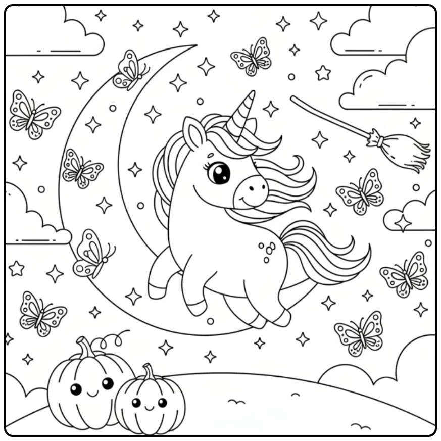 Joli Coloriage Halloween licorne papillon avec citrouilles.