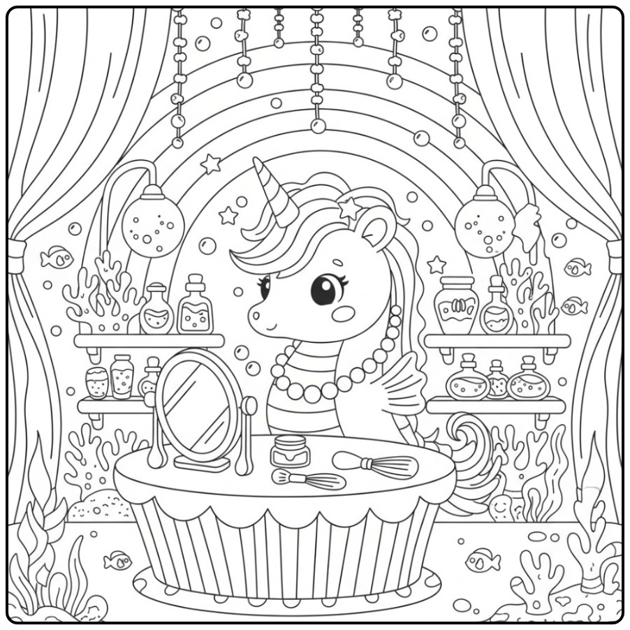 Un joli Coloriage hippocampe licorne arc-en-ciel sous l'océan.