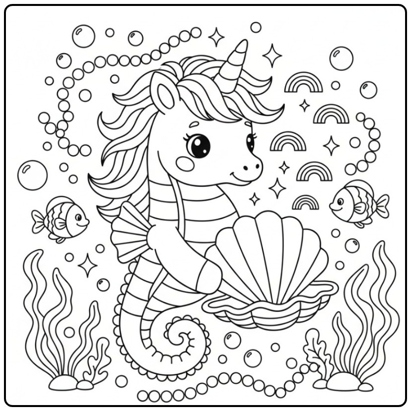 Dessin mignon d'un Coloriage hippocampe licorne arc-en-ciel.