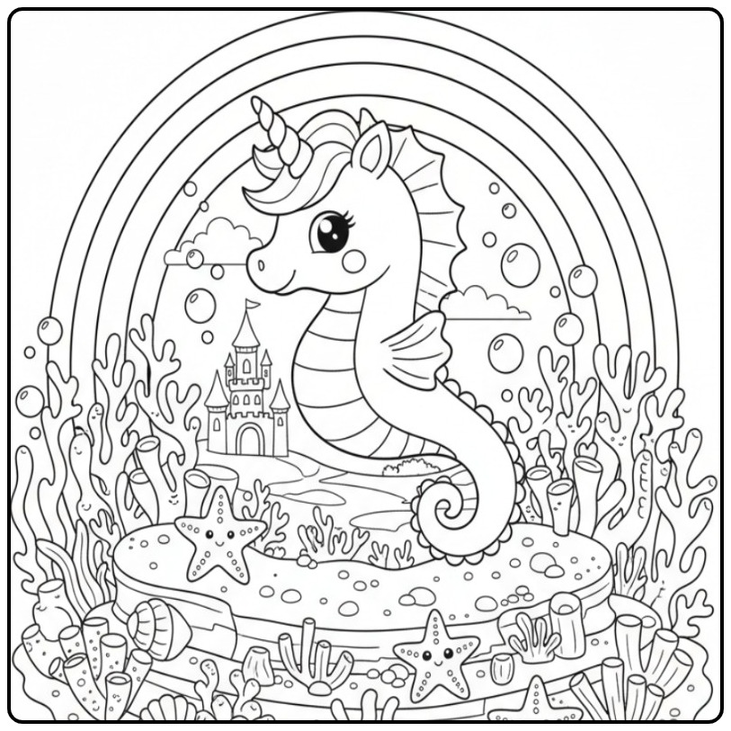 Dessin d'un Coloriage hippocampe licorne arc-en-ciel sous l'océan.