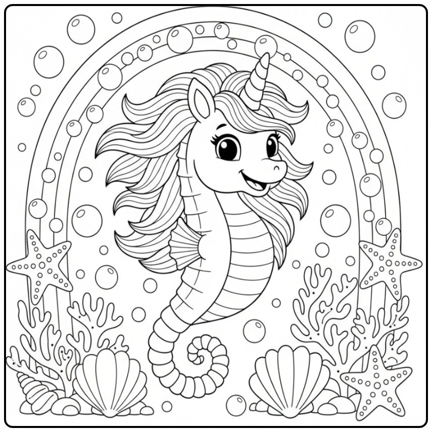 Mignon Coloriage hippocampe licorne arc-en-ciel sous l'océan.