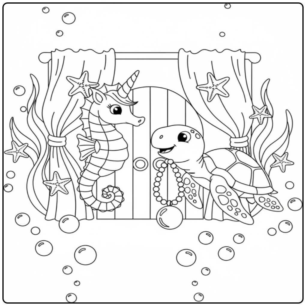 Un joli coloriage hippocampe licorne avec son amie la tortue.