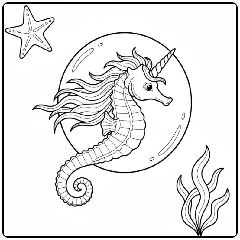 Un mignon coloriage hippocampe licorne avec une étoile de mer.
