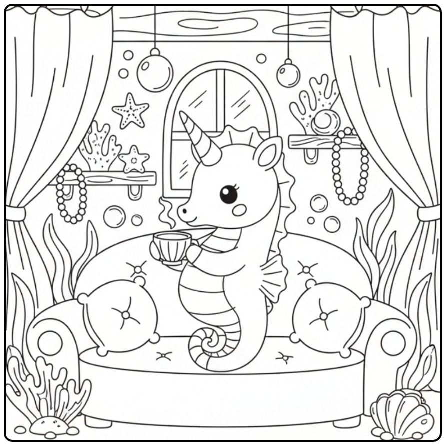 Un Coloriage hippocampe licorne mignon se reposant sous l'eau.