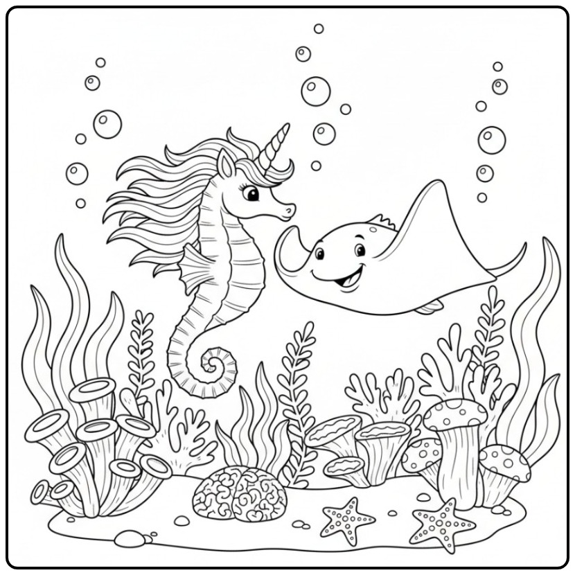 Un joli coloriage hippocampe licorne avec son amie la raie.