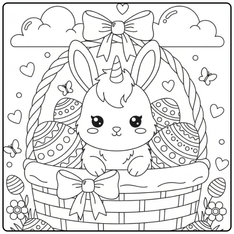 Adorable Coloriage lapin licorne avec des œufs de Pâques.