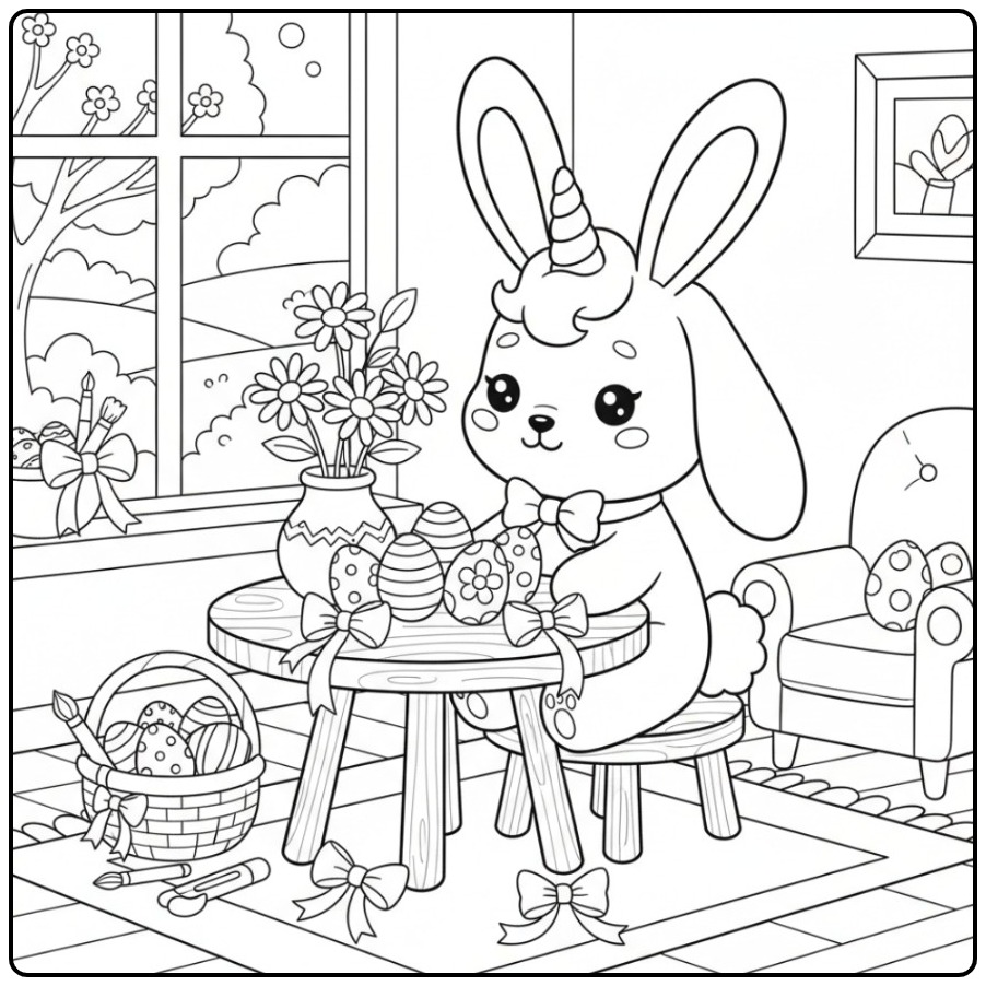 Adorable Coloriage lapin licorne avec des œufs de Pâques à décorer.