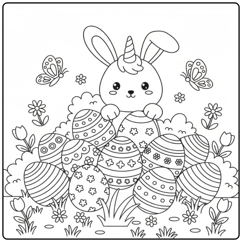 Joli Coloriage lapin licorne avec des œufs de Pâques à décorer.