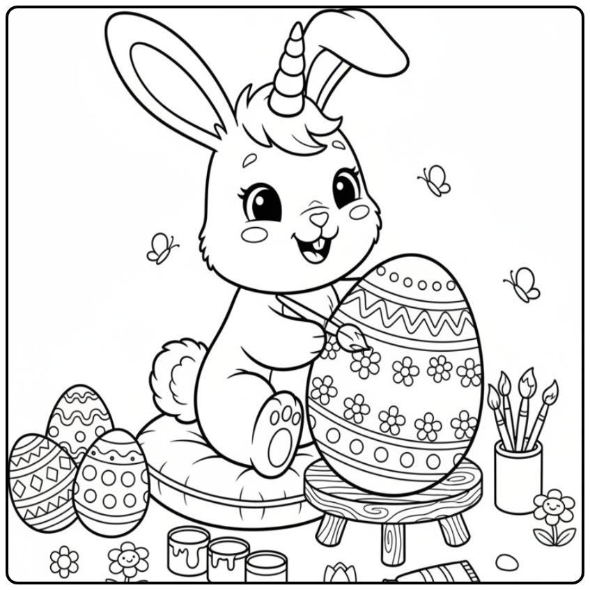 Joli Coloriage lapin licorne avec des œufs de Pâques à peindre.