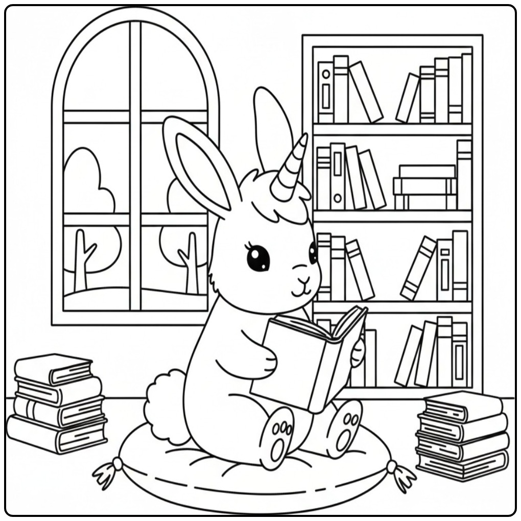 Un dessin de coloriage lapin licorne absorbé par un livre magique.