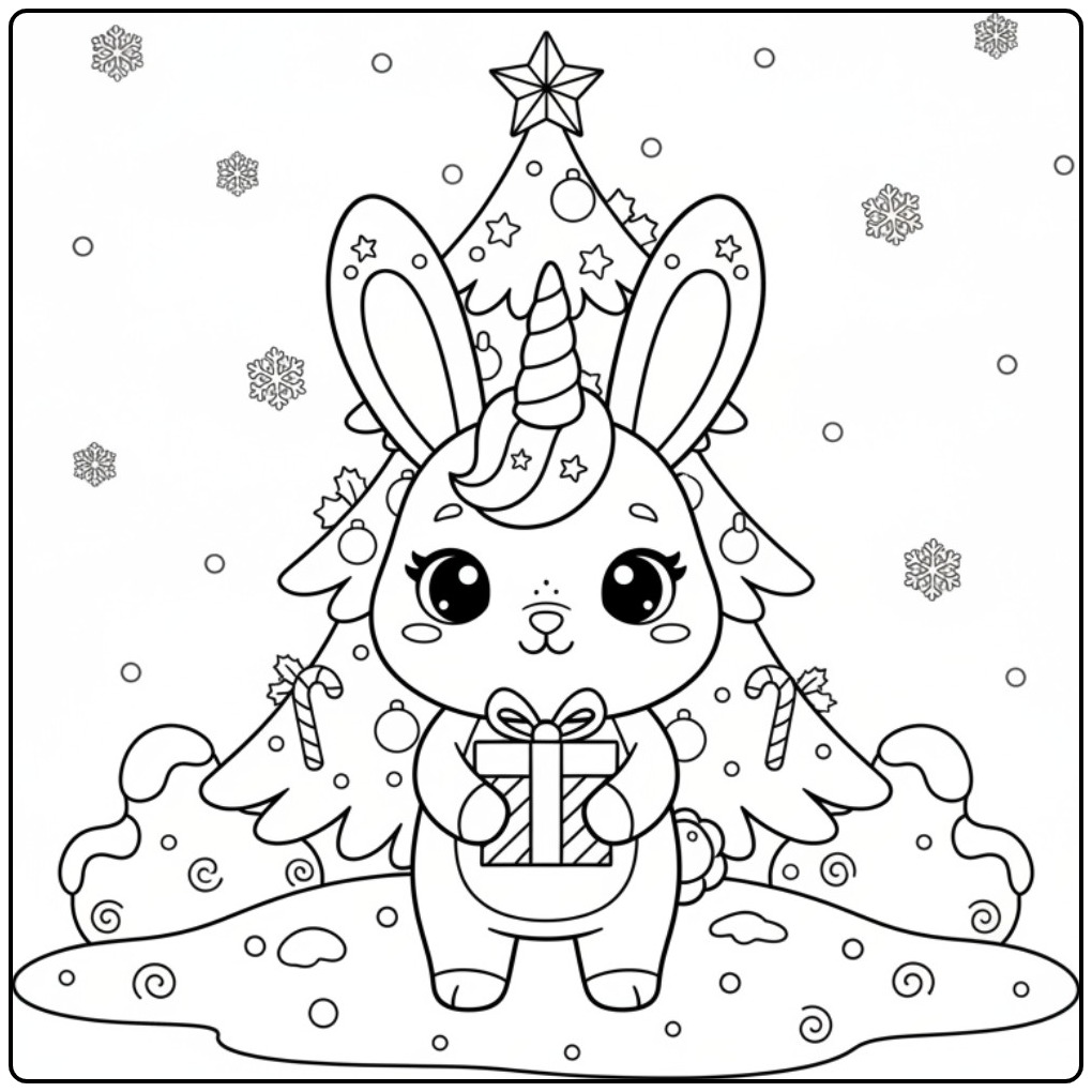 Joli Coloriage lapin licorne de Noël tenant un cadeau emballé.