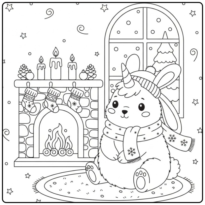 Un mignon Coloriage lapin licorne de Noël près d'un feu.