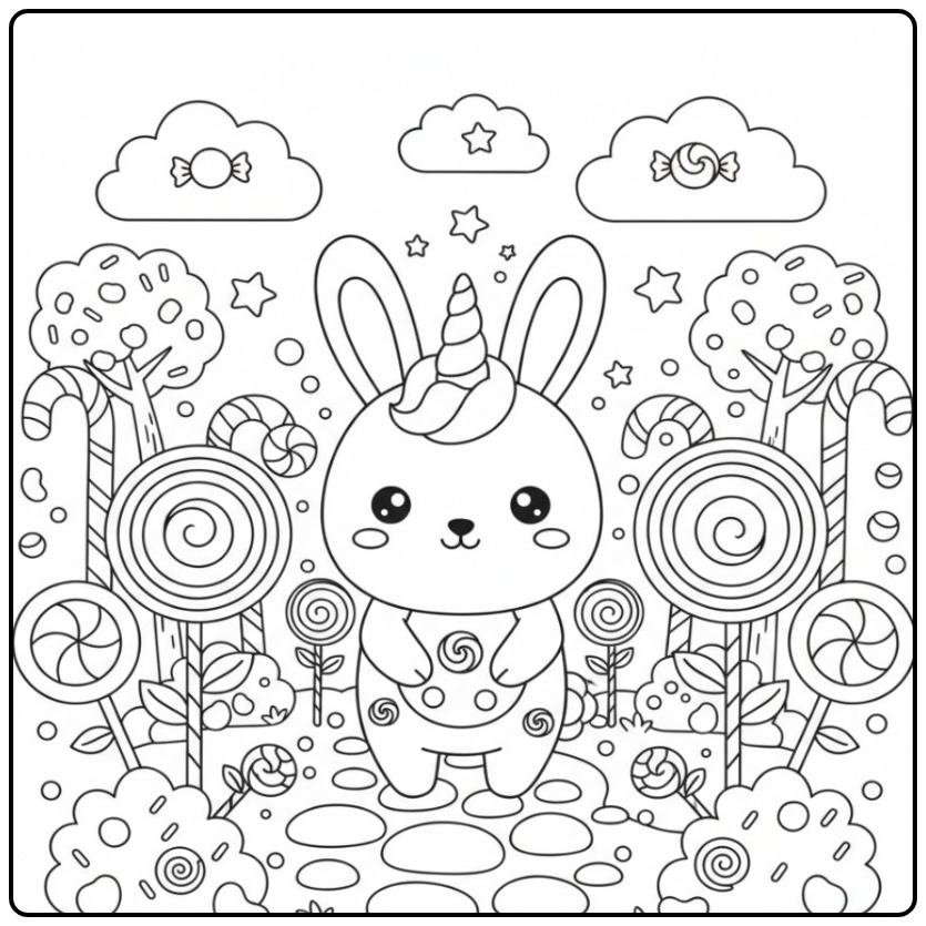 Adorable Coloriage lapin licorne et bonbons dans un monde sucré.