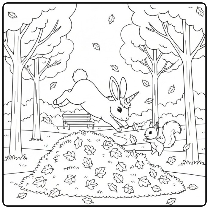 Un amusant coloriage lapin licorne qui saute dans les feuilles.