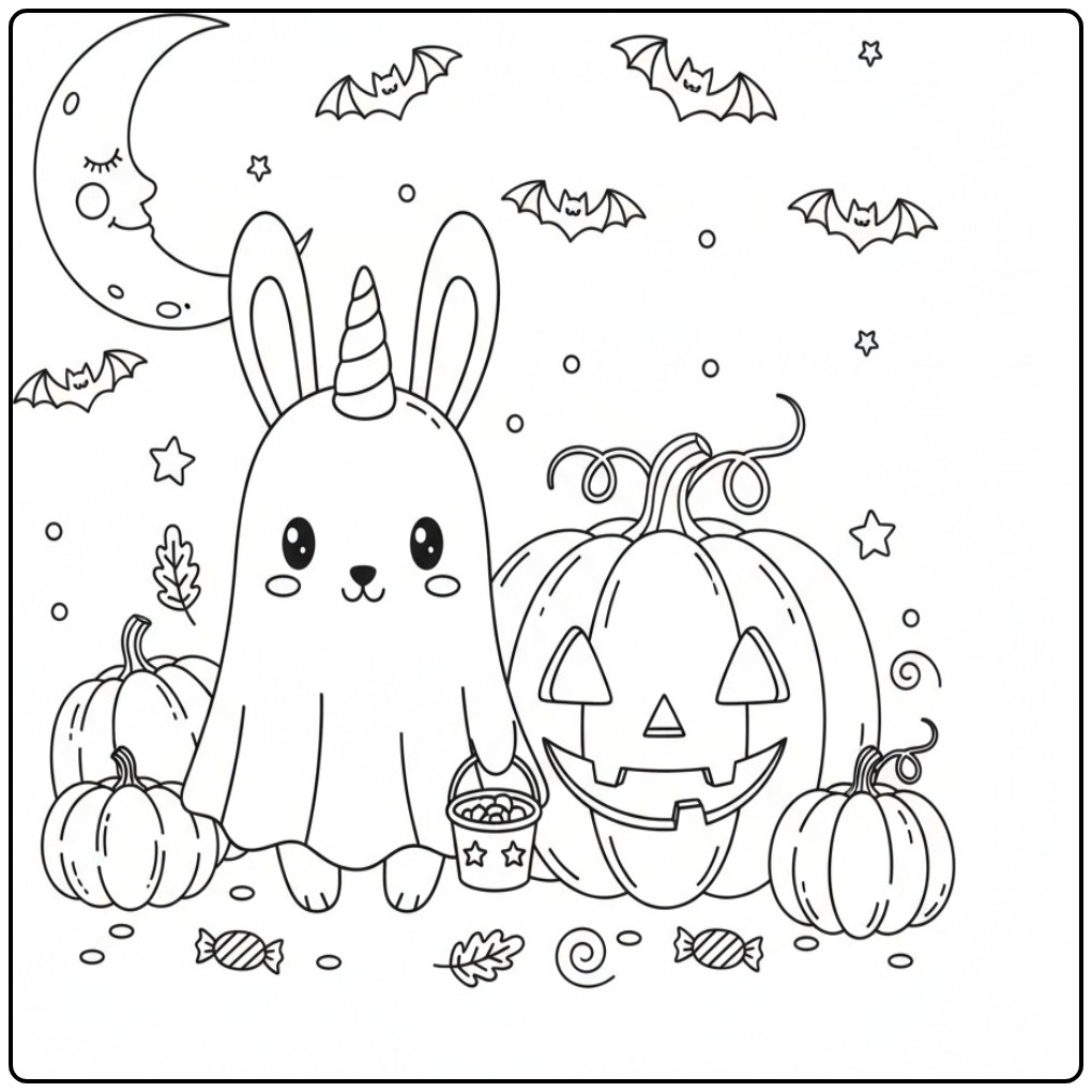 Adorable dessin Coloriage lapin licorne Halloween en fantôme.
