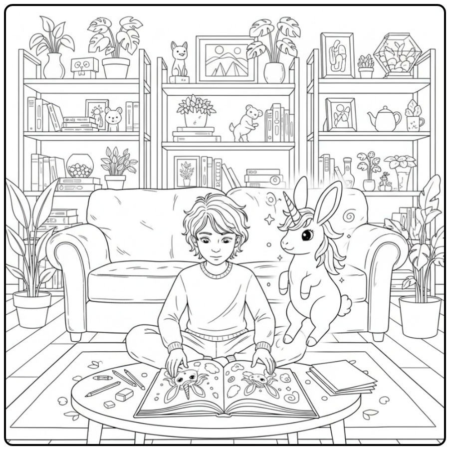 Un jeune garçon et son ami pour un coloriage lapin licorne.