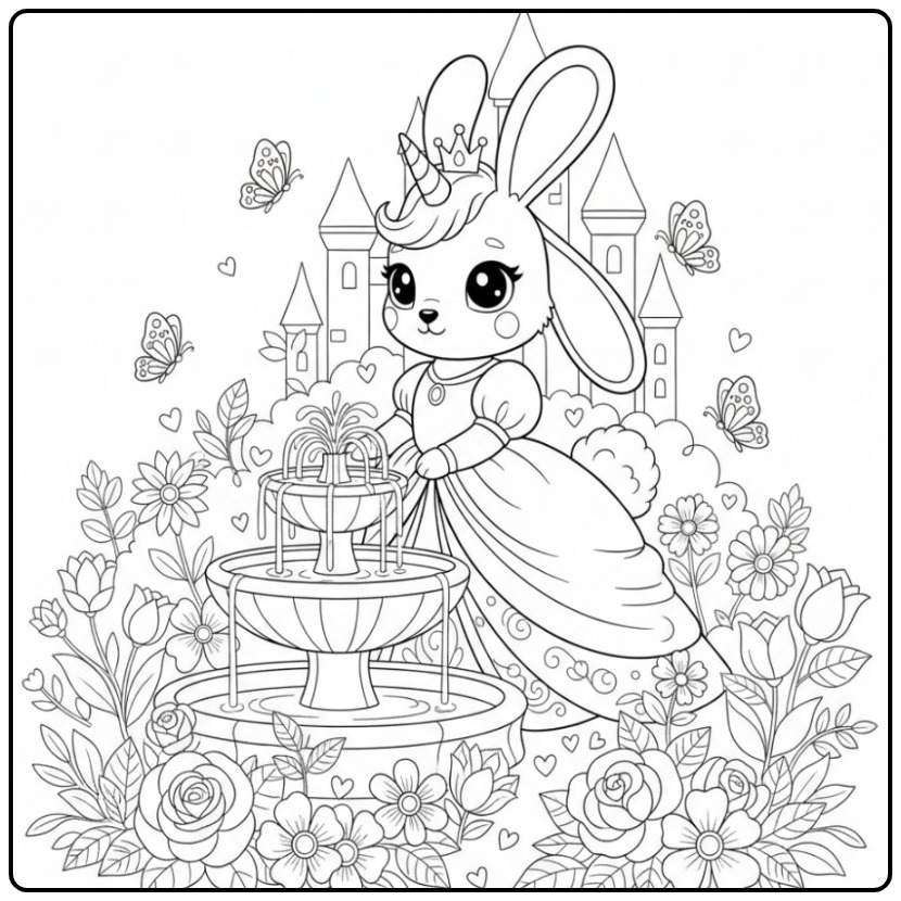 Un joli Coloriage lapin licorne princesse dans un jardin fleuri.