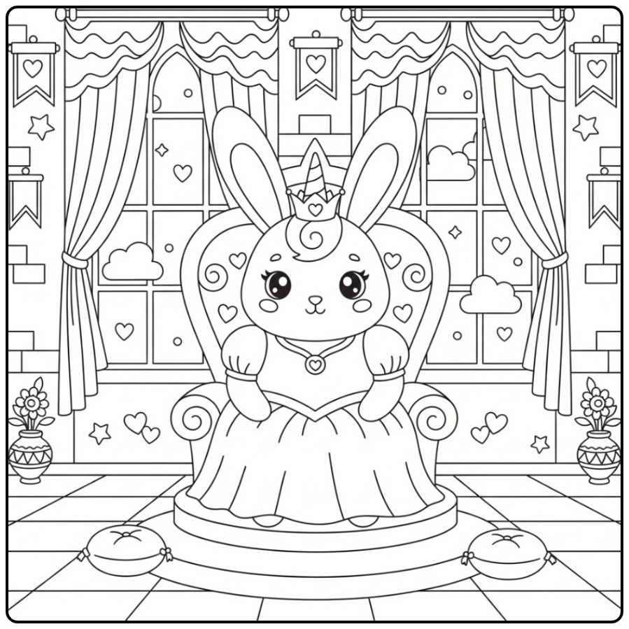 Coloriage lapin licorne princesse assis sur un trône royal.