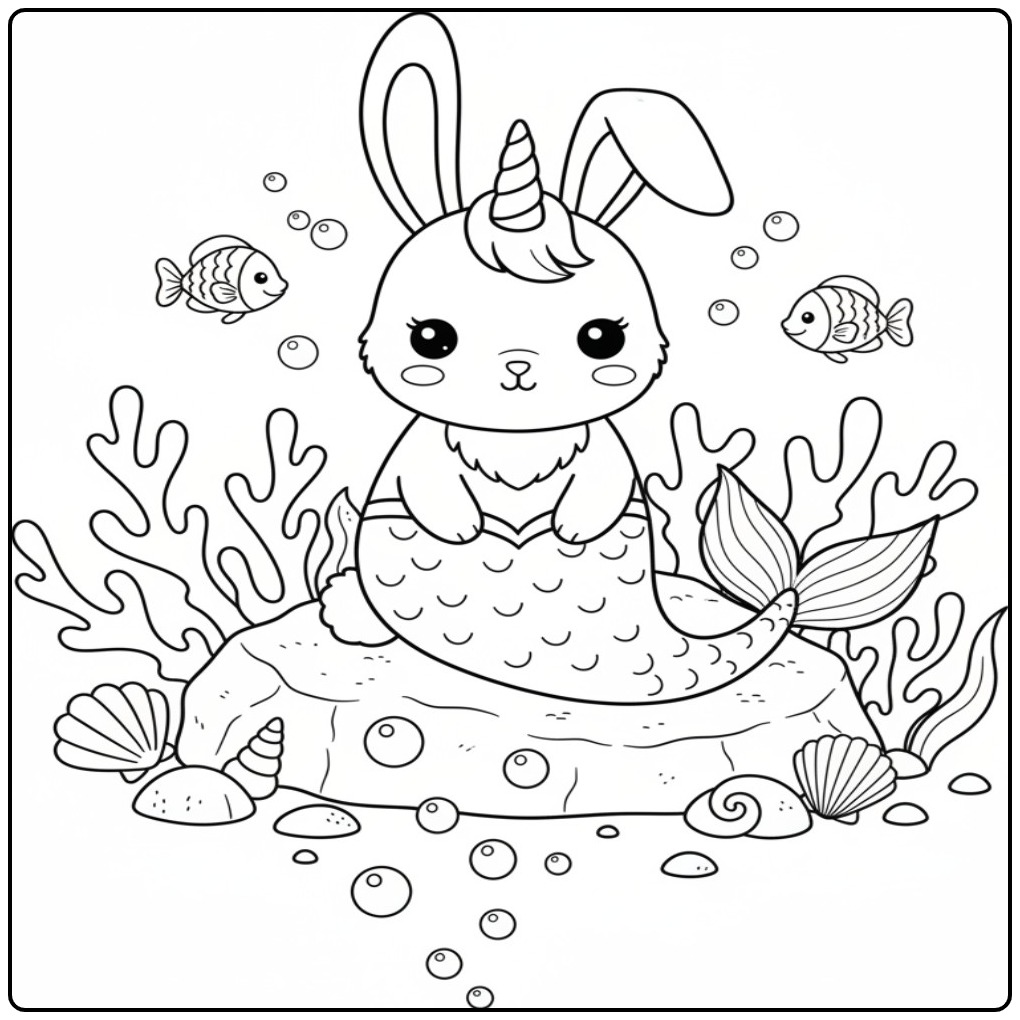 Adorable Coloriage lapin licorne sirène assis sur un rocher.