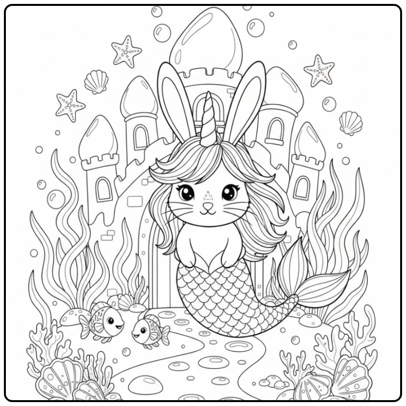Joli Coloriage lapin licorne sirène devant un château magique.