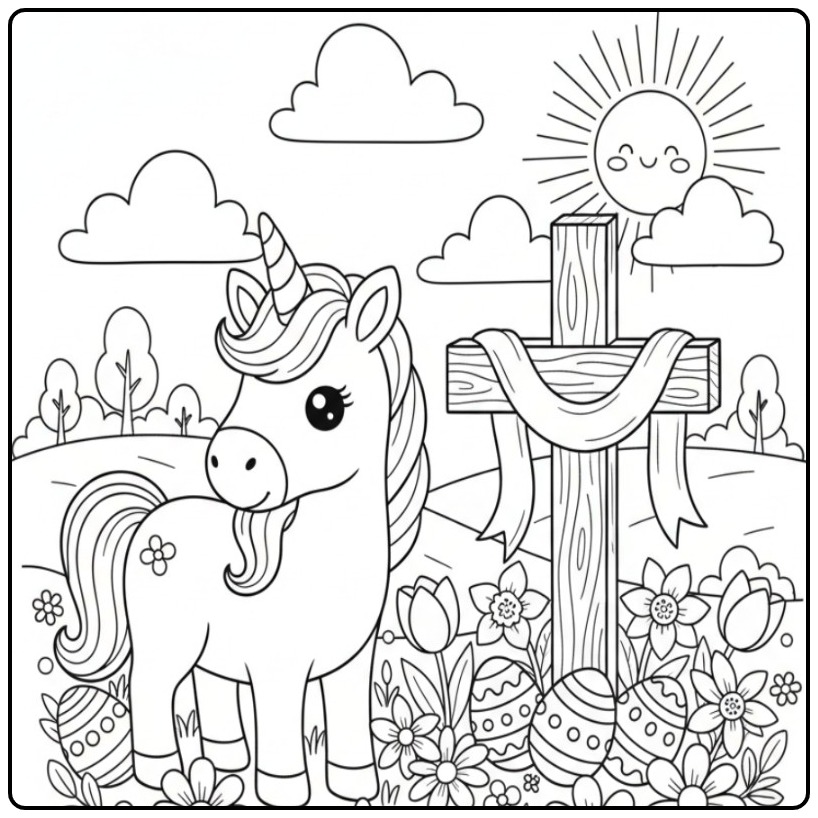 Coloriage licorne de Pâques avec croix et fleurs, et des œufs décorés.