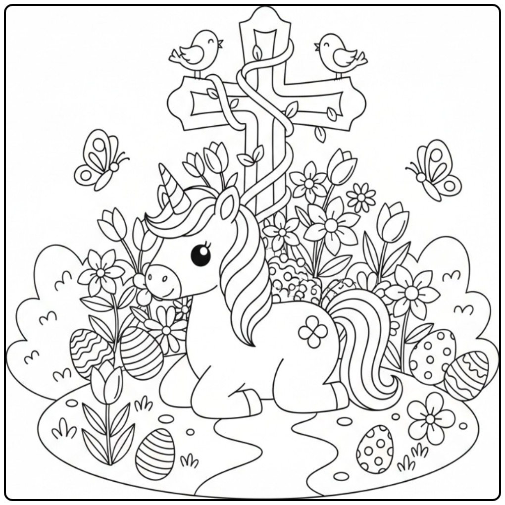 Coloriage licorne de Pâques avec croix et fleurs, œufs décorés et papillons joyeux.