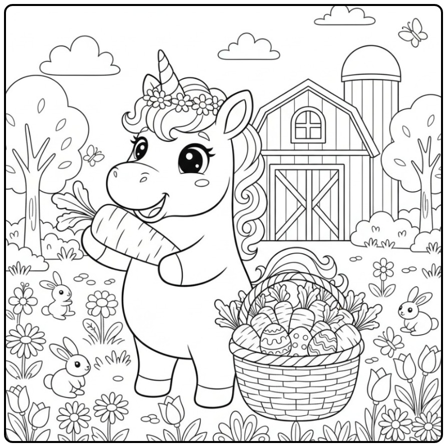 Coloriage licorne de Pâques avec des carottes, lapins et œufs.