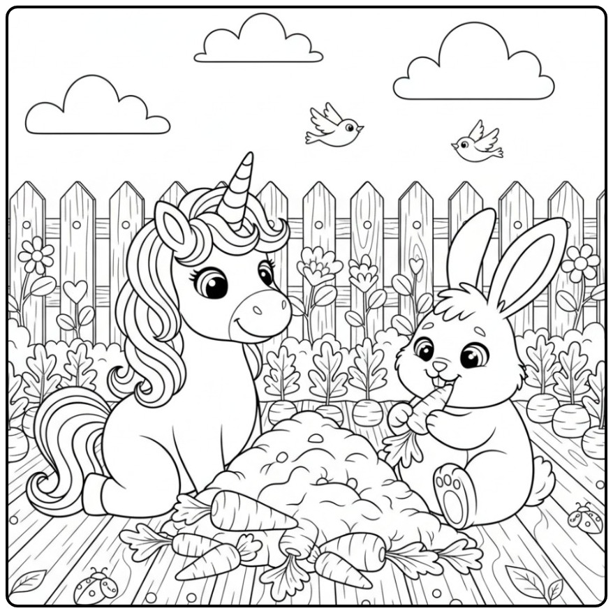 Coloriage licorne de Pâques avec des carottes et un lapin gourmand.