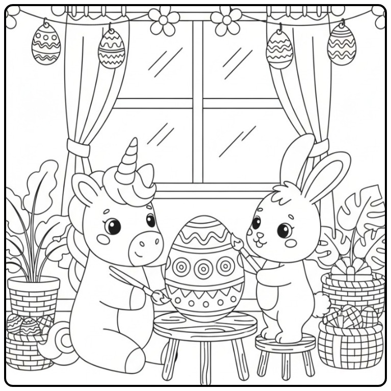 Coloriage licorne de Pâques avec ses amis lapins décorant un œuf.