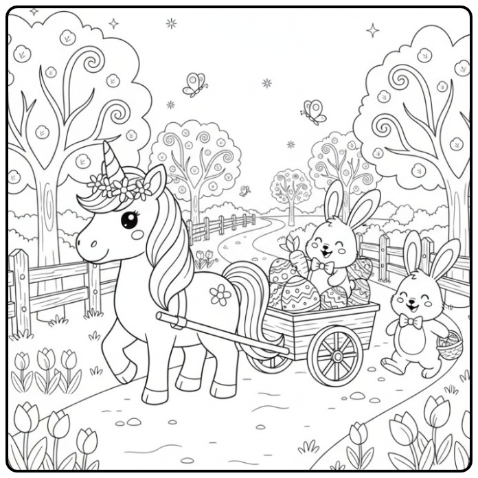 Coloriage licorne de Pâques avec ses amis lapins, joyeux.