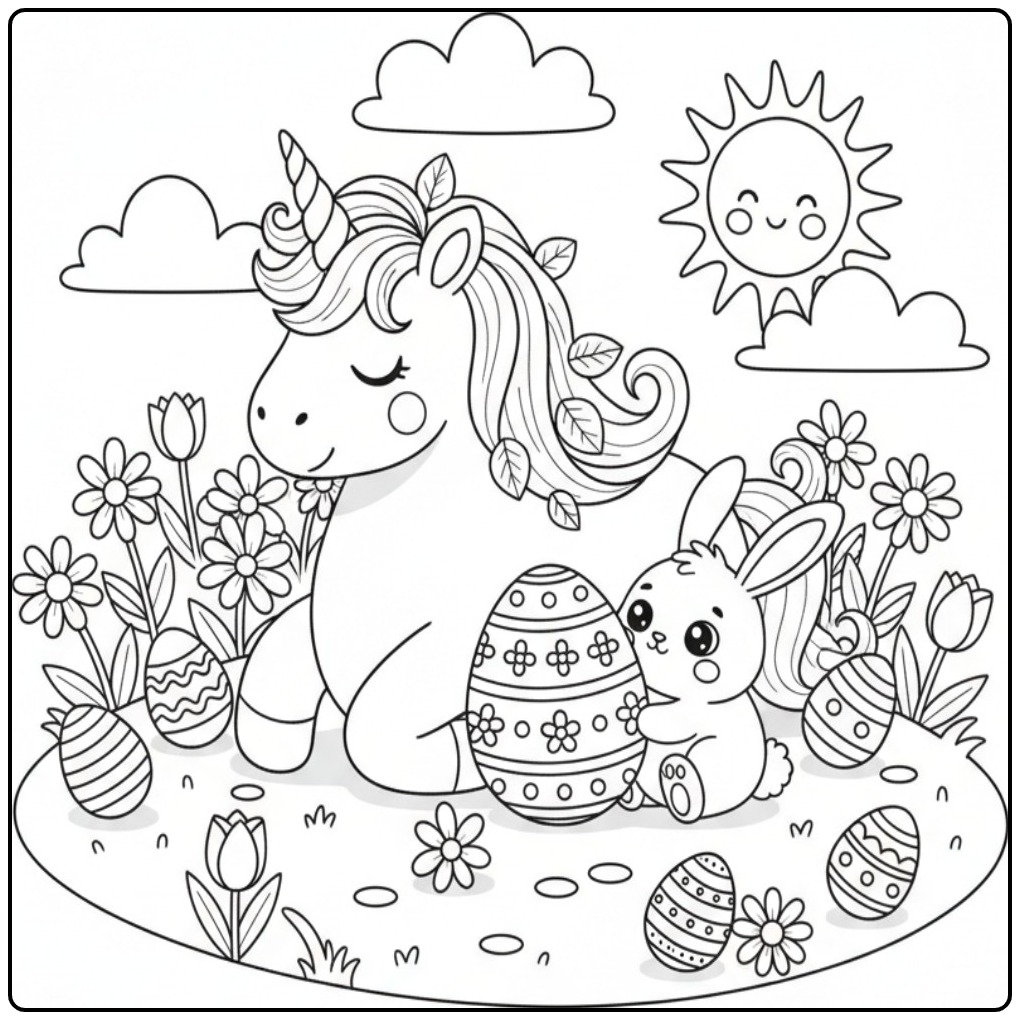 Coloriage licorne de Pâques avec ses amis lapins, œufs cachés.
