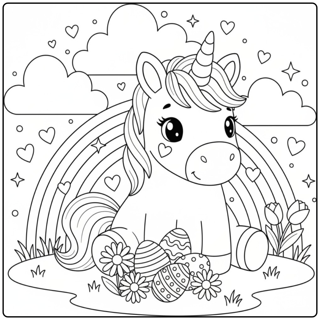 Coloriage licorne de Pâques et arc-en-ciel avec des œufs décorés.