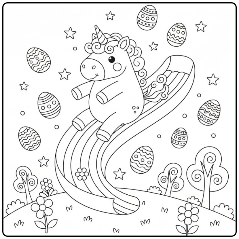 Coloriage licorne de Pâques et arc-en-ciel: une licorne glisse joyeusement.